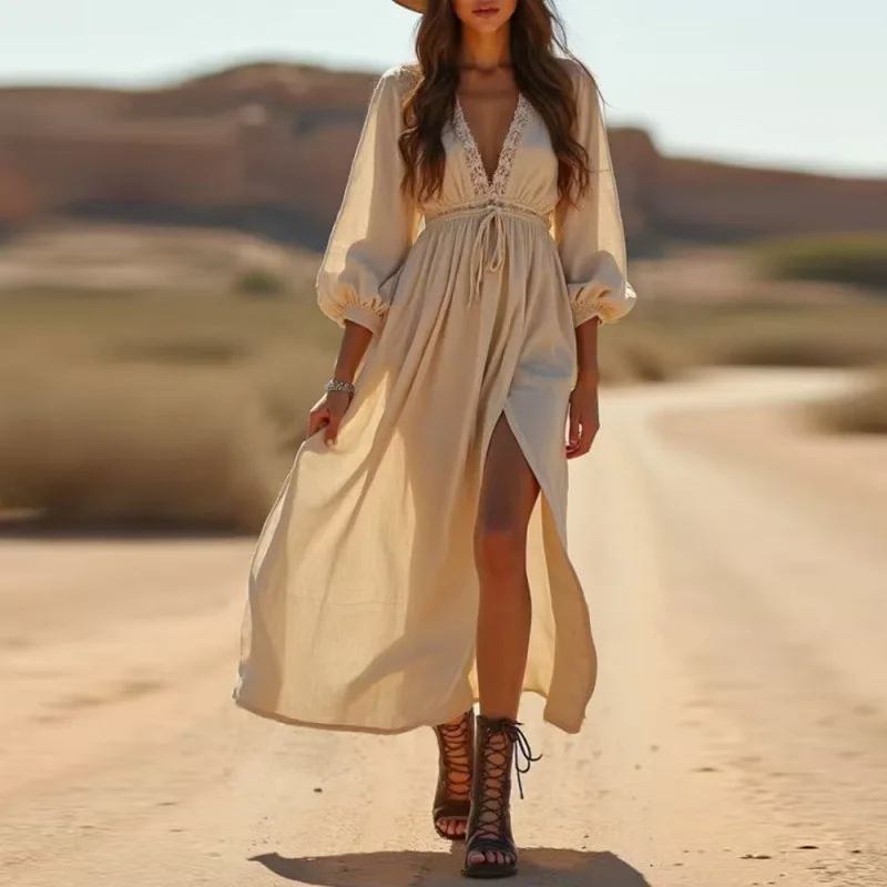 

Y2K Women's Dress With Deep V-neck Elegant Sexy Slit A-line Robe Party Prom Nightclub Cocktail Date Business Evening Vestidos