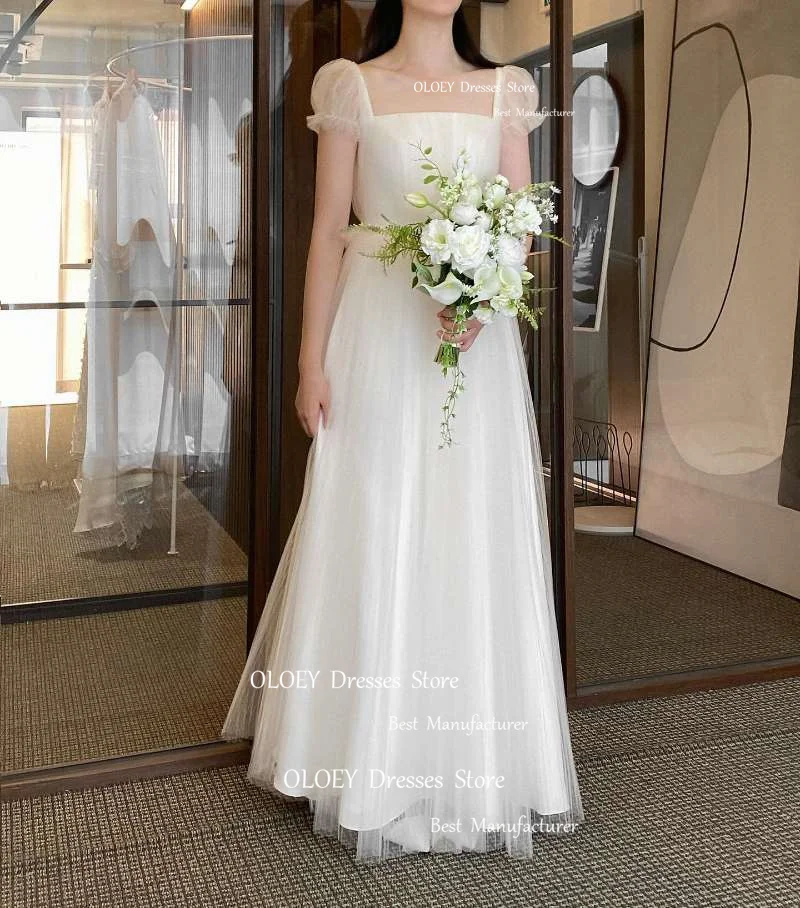 OLOEY Simple A Line Tulle Wedding Dresses Korea Photoshoot Short Sleeves Floor Length Bridal Gowns Corset Back Mariage 2024