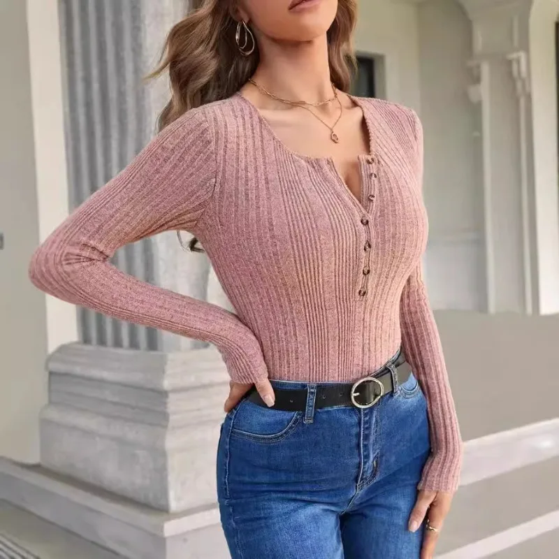 Sexy Knitwear Top For Women With Button Collar And Slim Fit New Arrival Pure Color Pit Striped Long-sleeved Bottoming Shirt