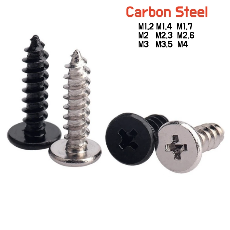 50~500pc Carbon Steel,Black Mini Phillips Ultra Thin Low Flat Wafer Head Self-tapping Wood Screw M1.2M1.4M1.7M2M2.3M2.6M3M3.5M4