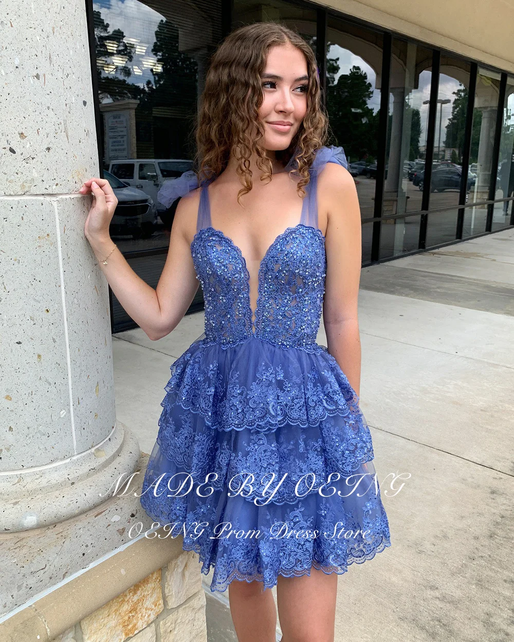 OEING Glitter Dark Blue Short Prom Dress Sexy Appliques Lace Mini Celebrity Party Dresses Formal Evening Gown Vestidos De Fiesta