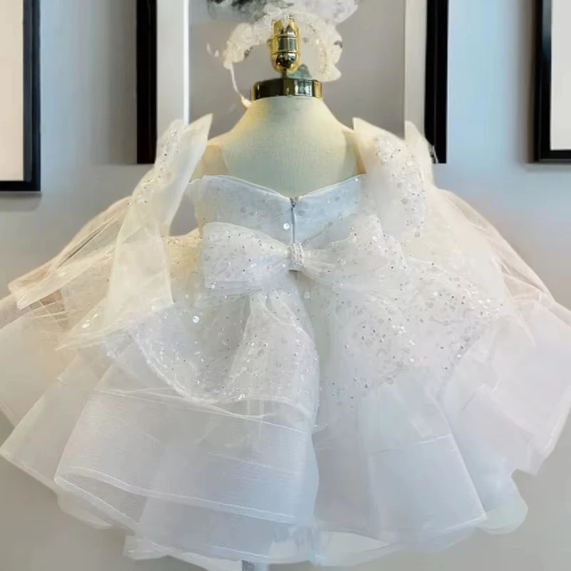 Flower Girl Dresses Short Gold Tulle Sequin With Bow Communion Gowns  Shoulder Short Sleeve For Wedding Birthday Party Holy