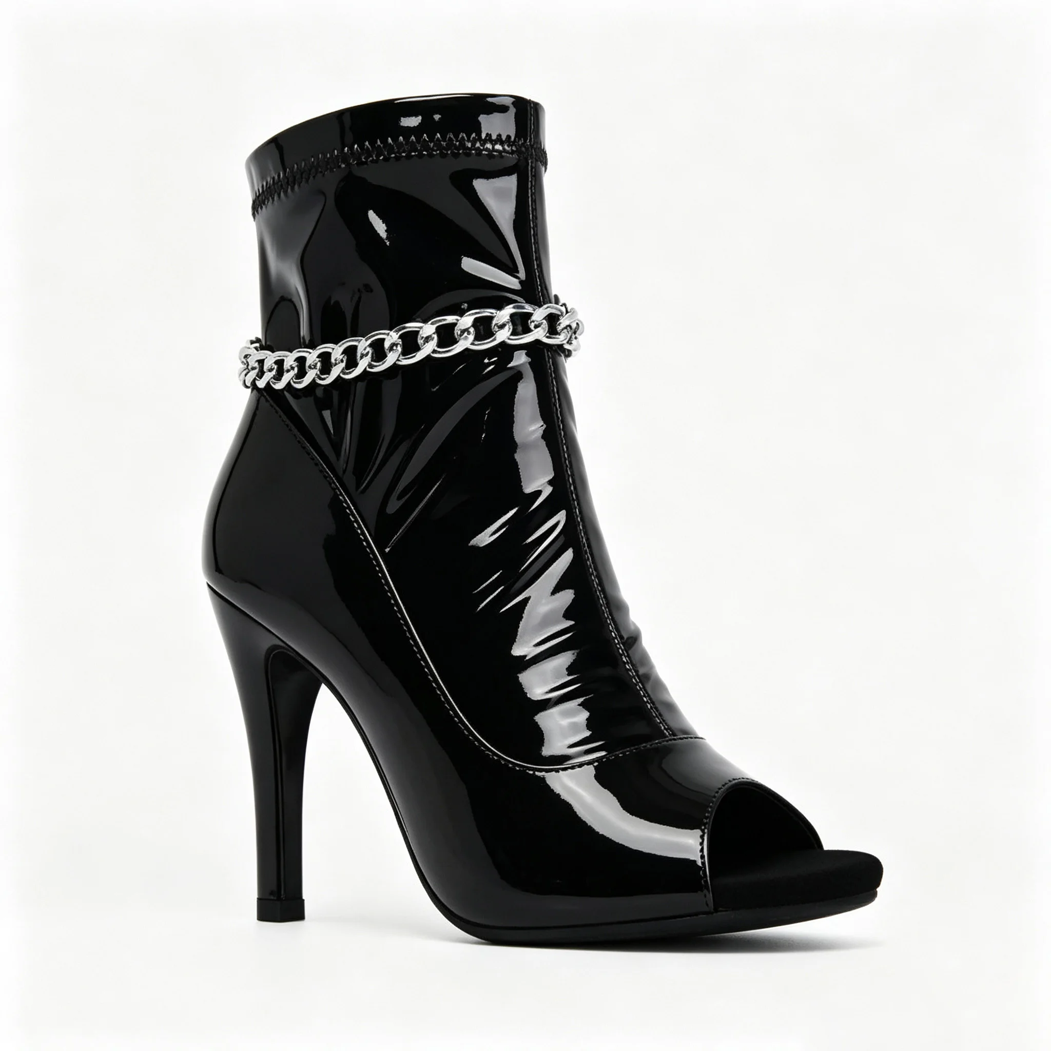 Women Peep Toe Ankle Dance Boots Glossy PU Stiletto Heel Latin Salsa Dance Shoes Black Metal Chain Party Stage Dancing Sandals