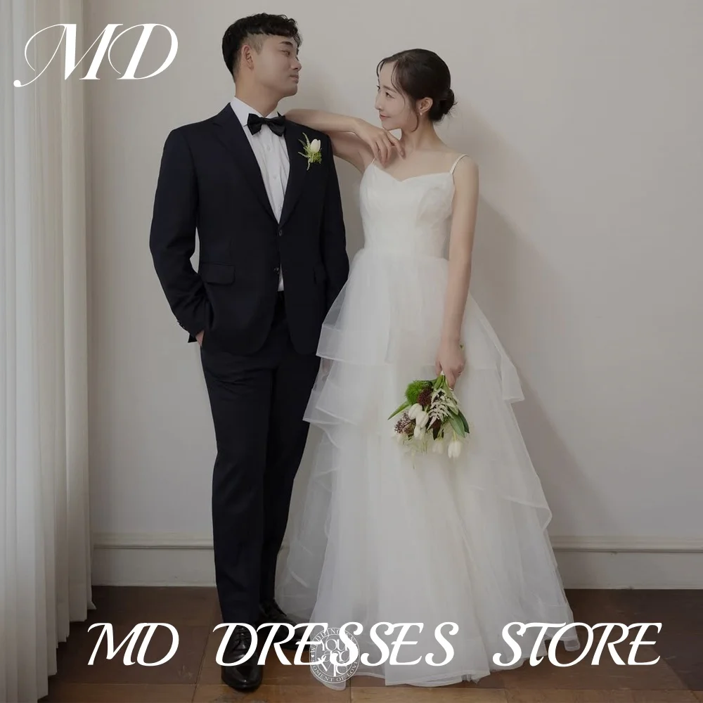 MD Princess Spaghetti Strap A-line Wedding Dresses Tiered Pleat Korea Photoshoot Floor-Length Bridal Gown Customized 2025 웨딩드레스