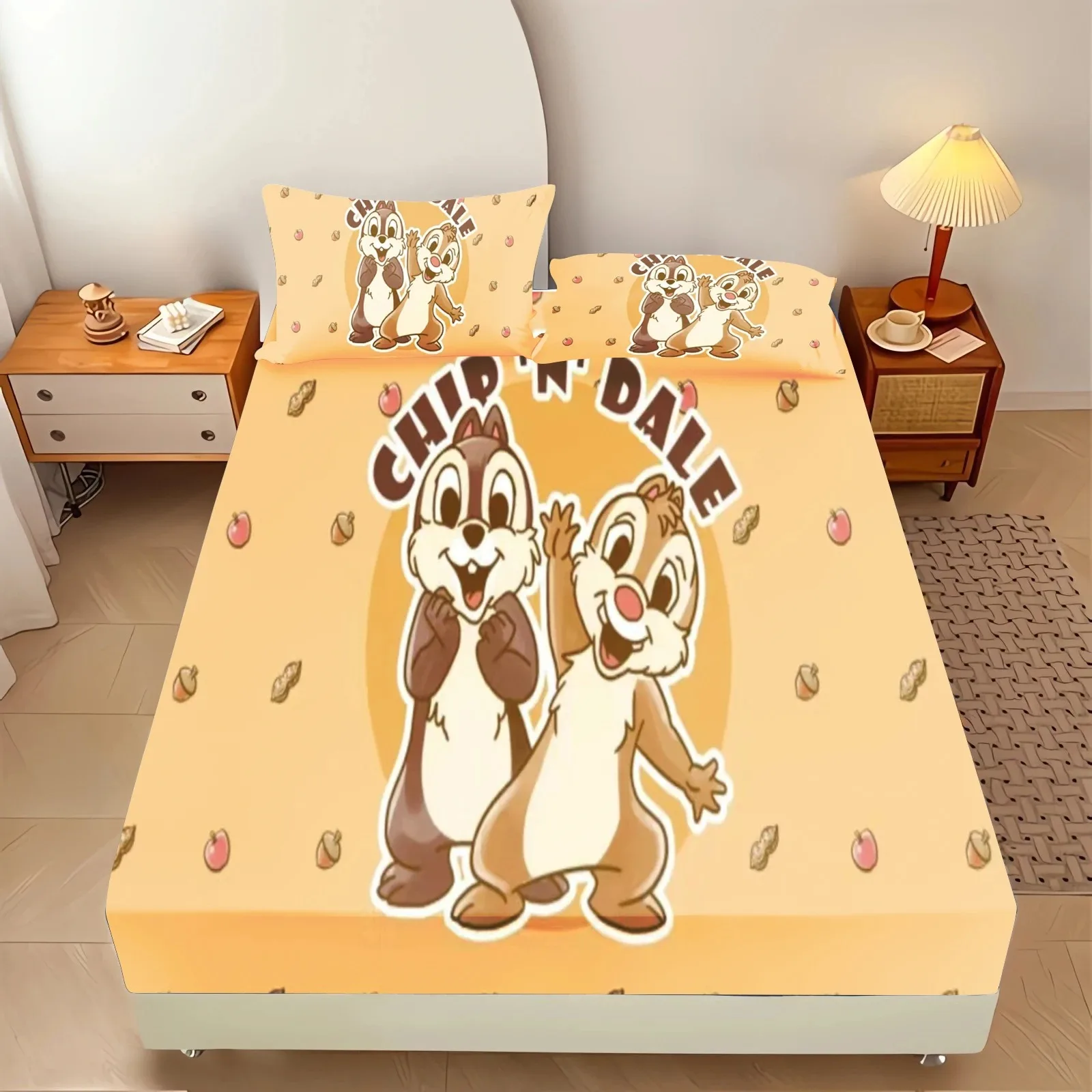 Disney Chip and Dale Bed Linen,Single/Queen/King Fitted Bed Sheet  Anime Fitted Sheet,with Elastic Band Bedroom Decor Gift