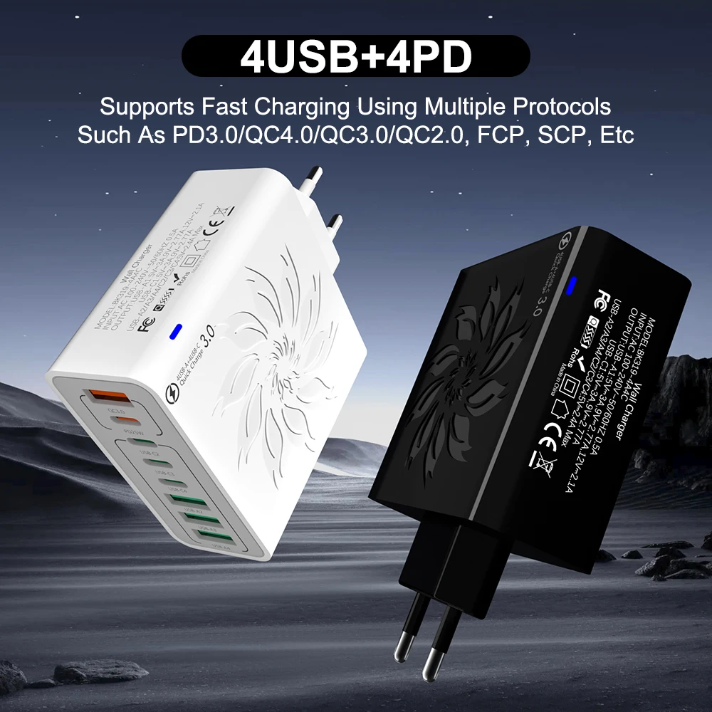 شاحن جداري للشحن السريع للآيفون ، وسامسونج ، وشاومي ، وهاواوي ، وأوبو ، ومحول للهاتف المحمول ، وإجمالي 8 في 1 ، وw ، و 4 USB ، و 4 Type C