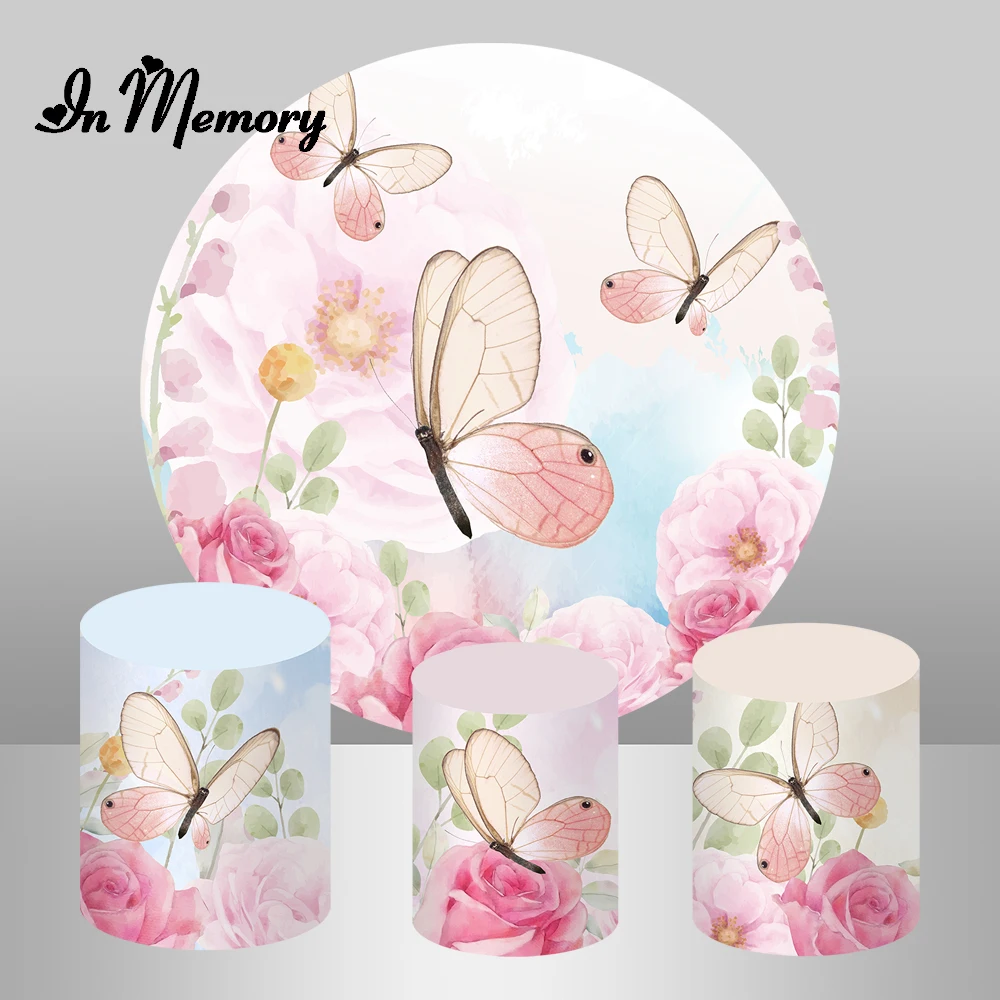 InMemory Butterfly Theme Round Backdrops Cover Pink Flowers Girls Newborn Baby Shower 1st Birthday Party Circle Background Decor