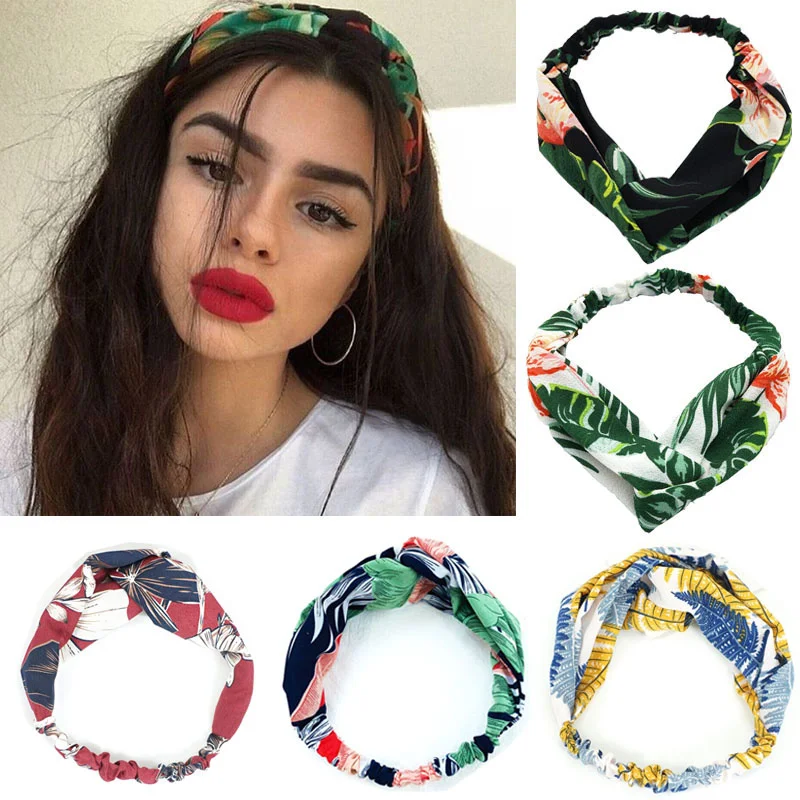 New Women Headband Fashion Girls Bohemian Printed Cross Hair Bands Vintage Turban Hair Ties Soft Bandanas Headwear Accessories