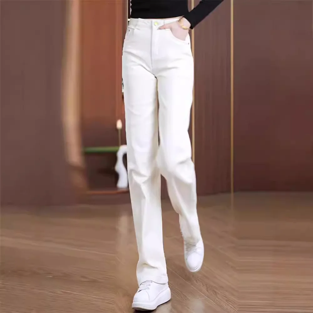 

Beige Wash Cotton Narrow Version Of Wide Leg Pants women's Spring high-waisted Jeans Casual Straight Leg Pants