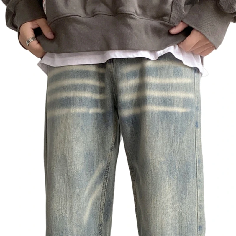 Trendy Vintage Wave Print Tie-dyeing Water-washed Blue Distressed Straight Leg Jeans for Men, American High Street Style