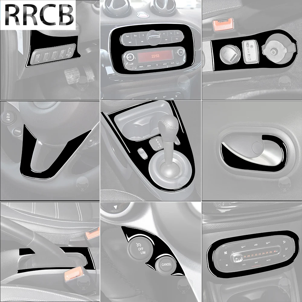 

For Smart Interior Accessories 2016-2021 Central Console Outlet Gear Window Lifting Piano Black Kits Carbon Fiber Cover Stickers
