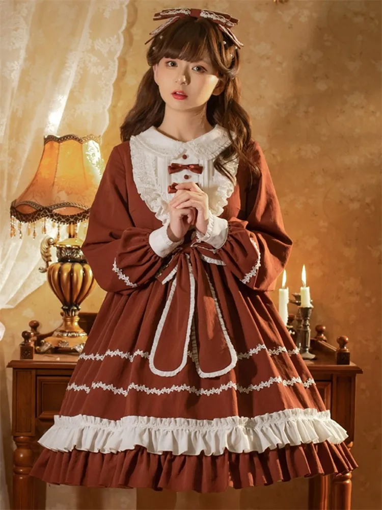 

Maid Vintage Loli Op Rabbit Ear Bowknot Lolita Long Sleeve Dress Retro Daily Lolita Wear Kawaii Clothing Princess Girls