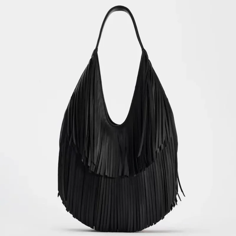 

Long-tassel wandering bag, designer large-capacity women's handbag, fashionable solid-color soft PU handbag, black, brown