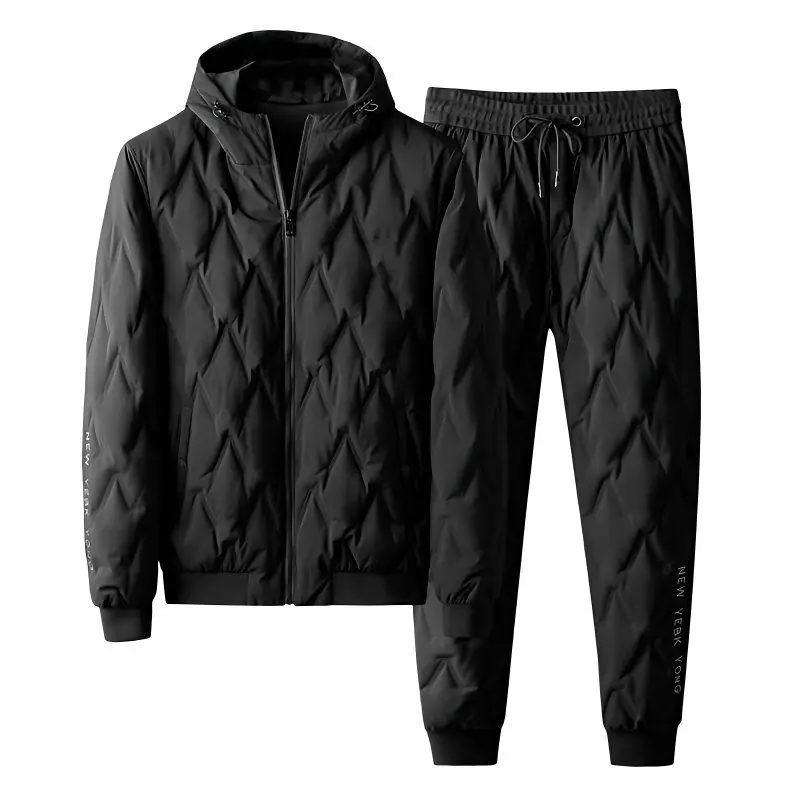 

Мужской зимний утепленный пуховый хлопковый костюм: повседневный комплект из двух предметов с длинными рукавами и капюшоном, модный, подходит для всех сезонов