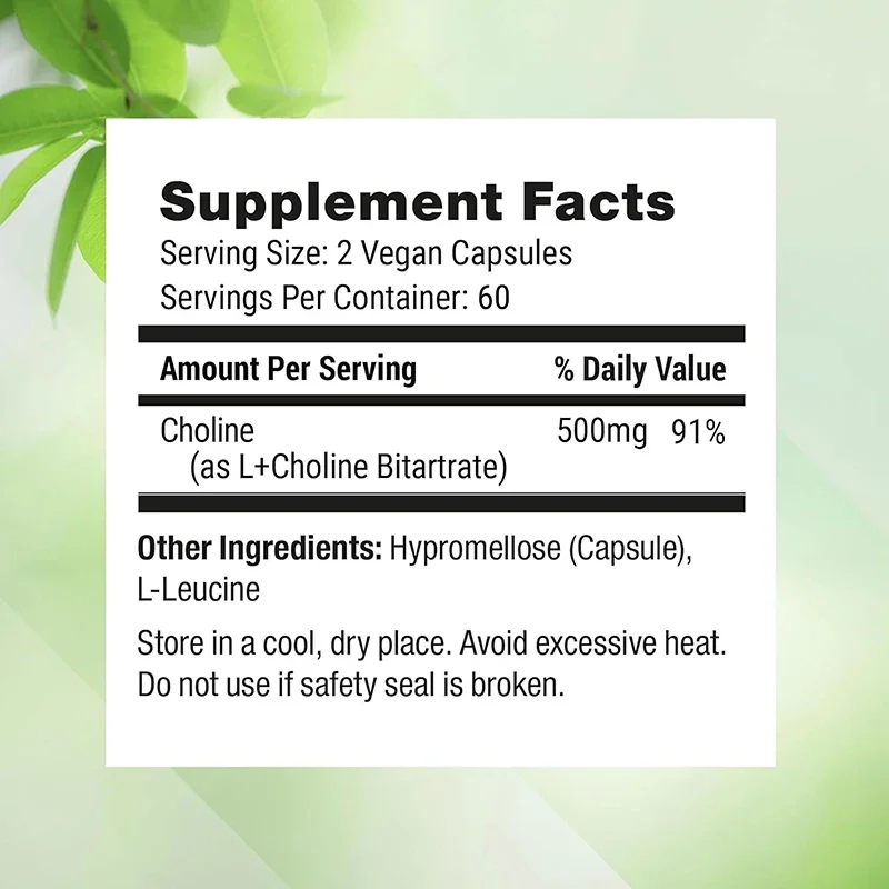 Choline Bitartrate 500mg - Helps Maintain Healthy Liver Function and Cognitive Support, Improving Thinking Skills and Immunity