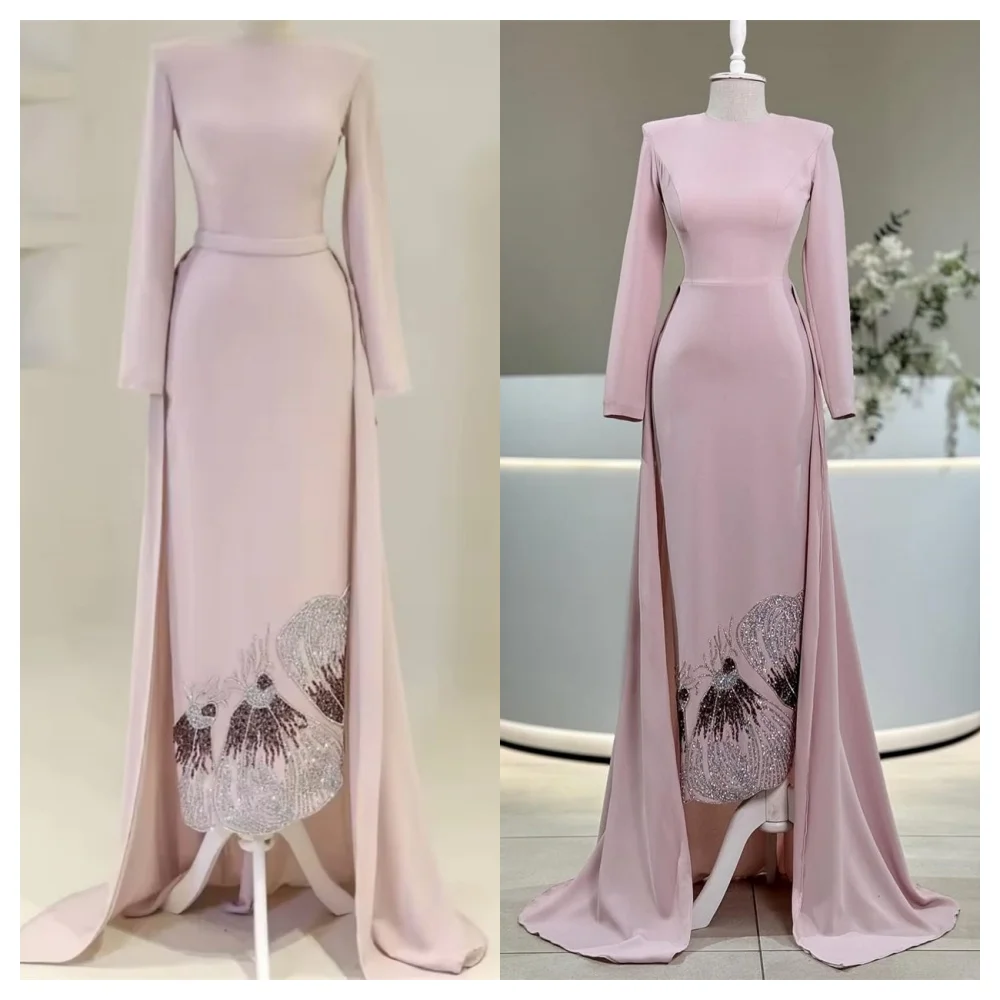

Customized Exquisite Pink Jersey Evening Dress Fashion Crew Neck Long Sleeves Party Dress Delicate Straight Celebrity Gowns