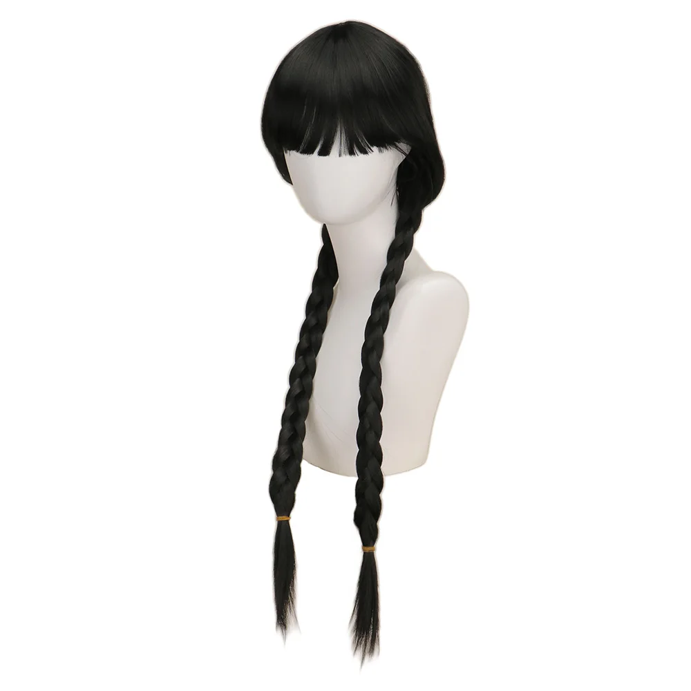 Wednesday Addams Cosplay Wig Long Black Braids Hair Heat Resistant Synthetic Wigs with Bangs for Halloween Party