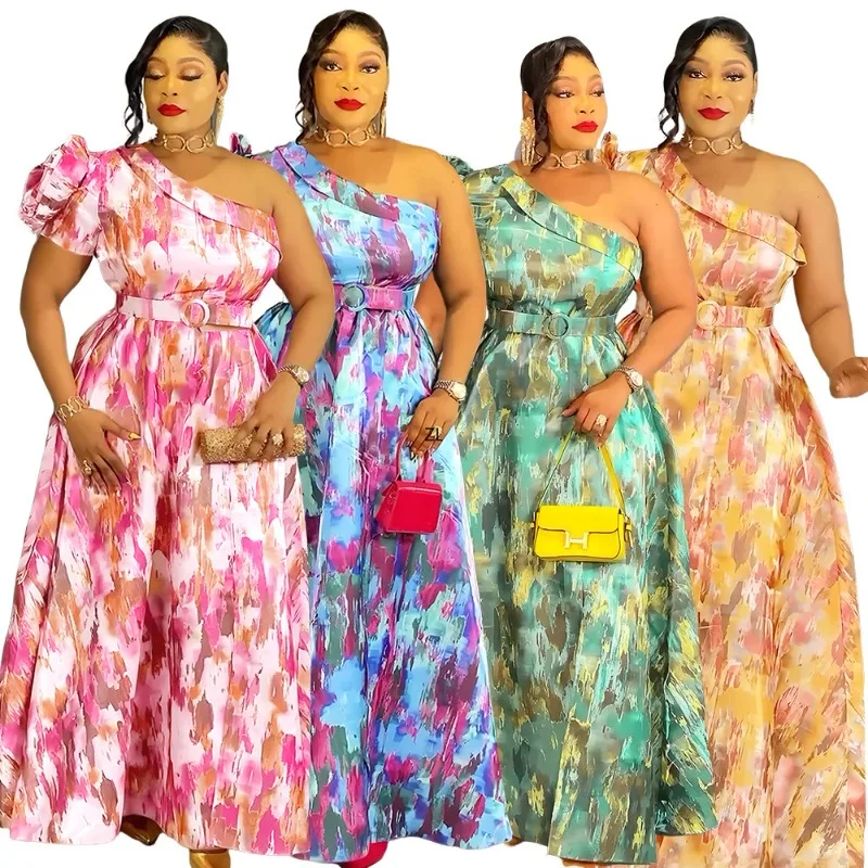 

Women's African Dashiki Ankara Long Dress 2025 New One Shoulder Turkey Wedding Party Clothing Ethnic African Dresses