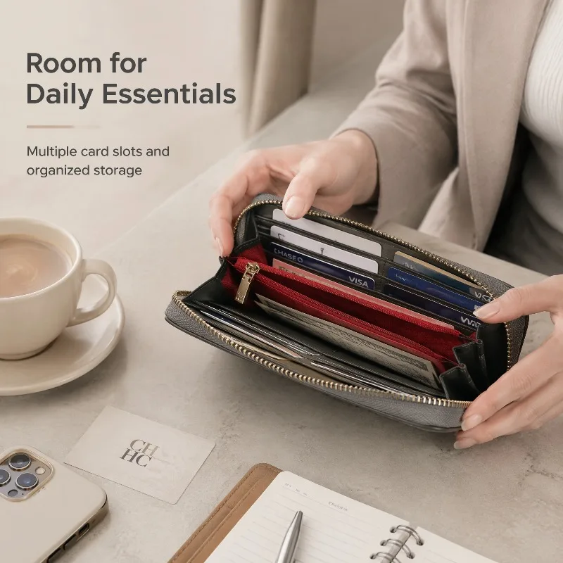 CHHC New Unisex Long Wallet Women Men Fashion Classic Zipper Clutch Bag Real Texture Phone Holder Large Purse
