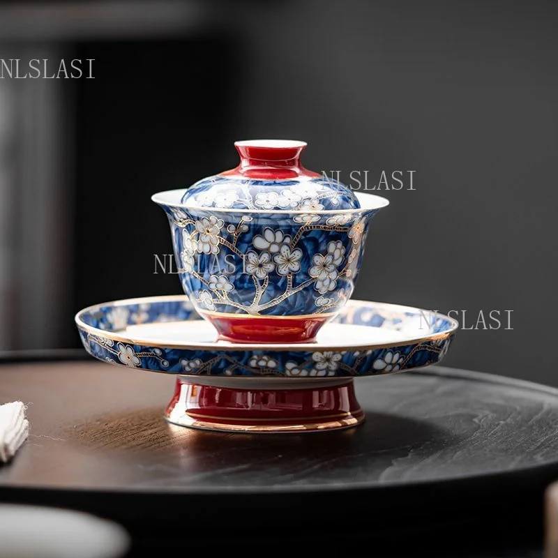 150ml Chinese Floral Porcelain Gaiwan Set Blue White Plum Pattern Sancai Tea Bowl With Tray Vintage Ceramic Kung Fu Teaware