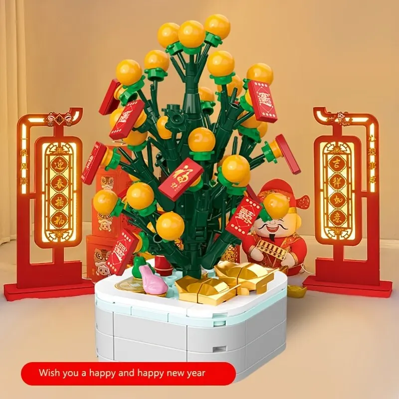 Children Happy New Year Creative Orange Tree Building Kit 222pcs ABS Plants Bouquet Bricks Set Festival Decoration