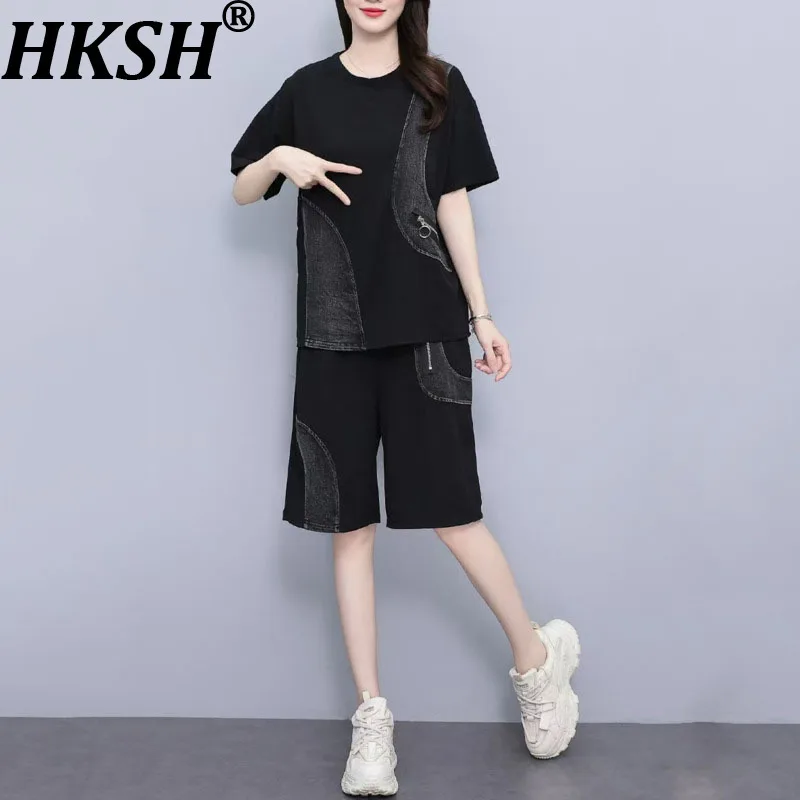 

HKSH Summer New Women Fashion Casual Two-Piece Set Stylish Slimming Short Sleeve T-shirt Ins Patchwork Trendy Shorts Sets HK8943