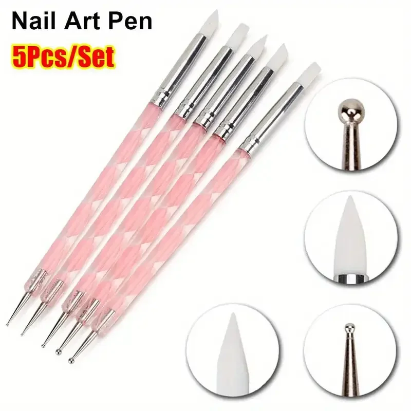 

5pcs/Set Stainless Steel Nail Art Pen New 2 Ways Acrylic Dotting Tool Point Flower Waving Drawing Marbleizing Painting Pens