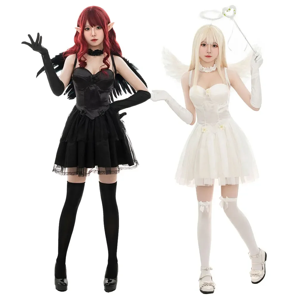 Costume d'ange pour filles, dessin animé mignon d'halloween, ange blanc, diable noir, robe Lolita Cosplay avec ailes, tenue magique de princesse féerique