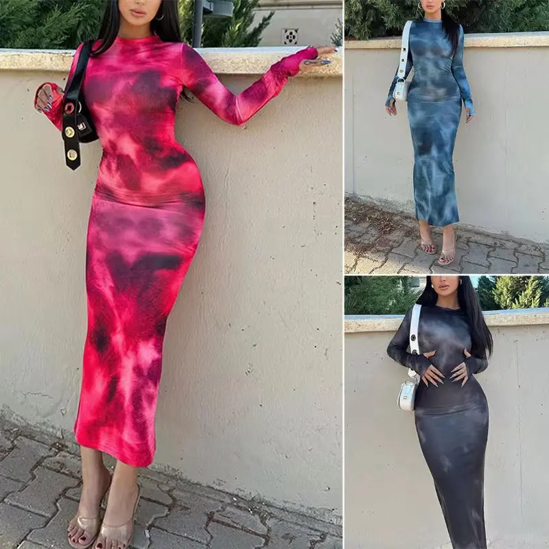 

2025Popular European and American Women's Clothing2025Autumn and Winter New Tie-Dyed Long-Sleeved Slim Hot Girl Dress