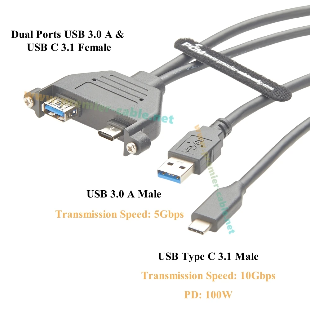 Dual-Port USB 3.0 und USB Typ C 3.1 Verlängerungskabel (männlich auf weiblich) 10Gbps Kombi-Schraubanschluss für bündige Montage, Lade- und Datenkabel – Detail 2