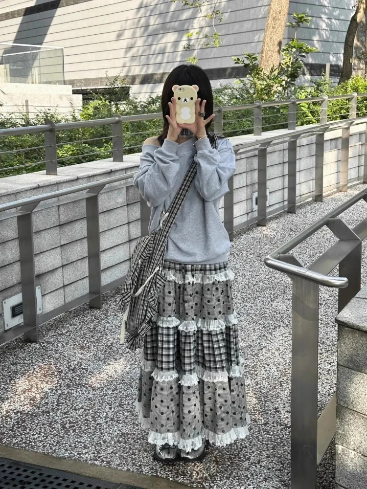 

Patchwork Plaid Skirt Women's Clothes Big Swing Vintage Saia 2025 Faldas Mujer De Moda High Waist Summer Skirts Lace A-line Jupe