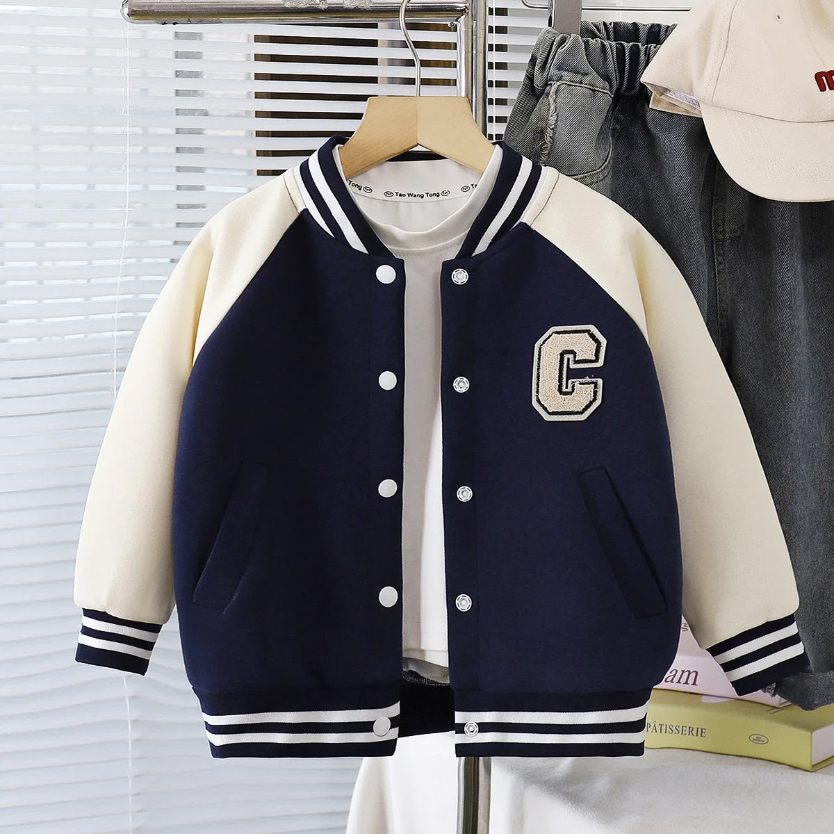 New Spring Autumn Boys Girls Baseball Jacket Stripe V-neck Sport Letter C Coat For 2-10 Years Old Kids Children Present view 3
