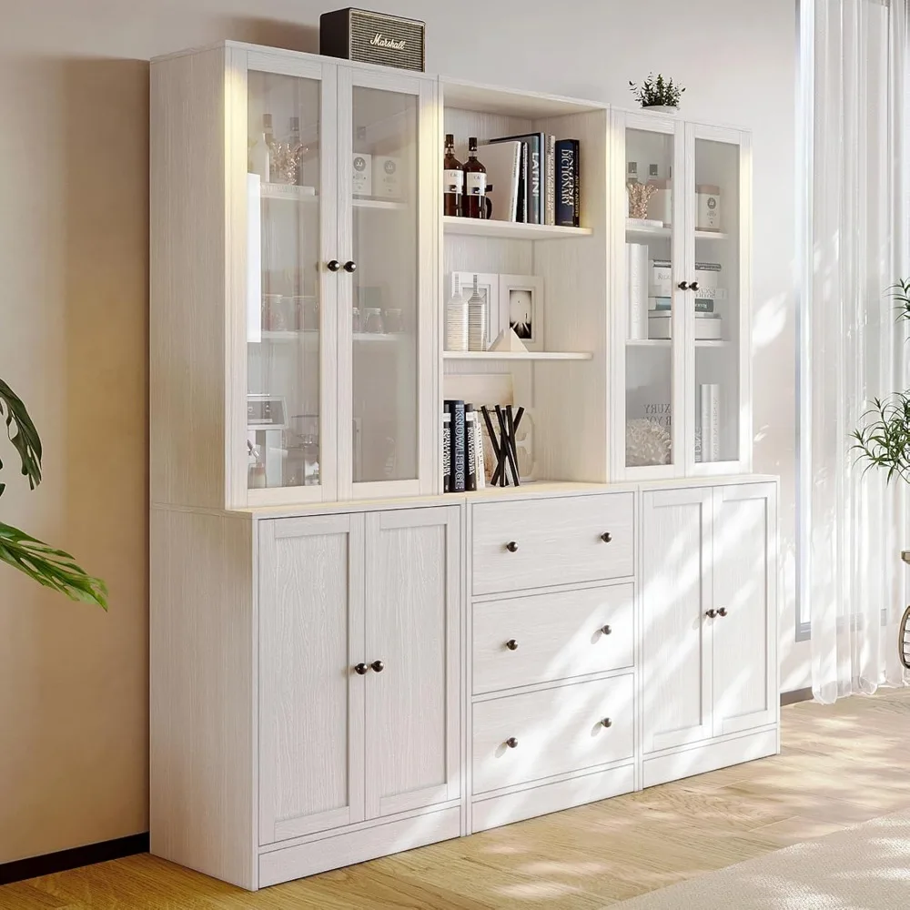 Vertical wooden filing cabinet, 3 tiers of modern bookshelves, 3 large drawers, open storage shelves, glass doors image 4