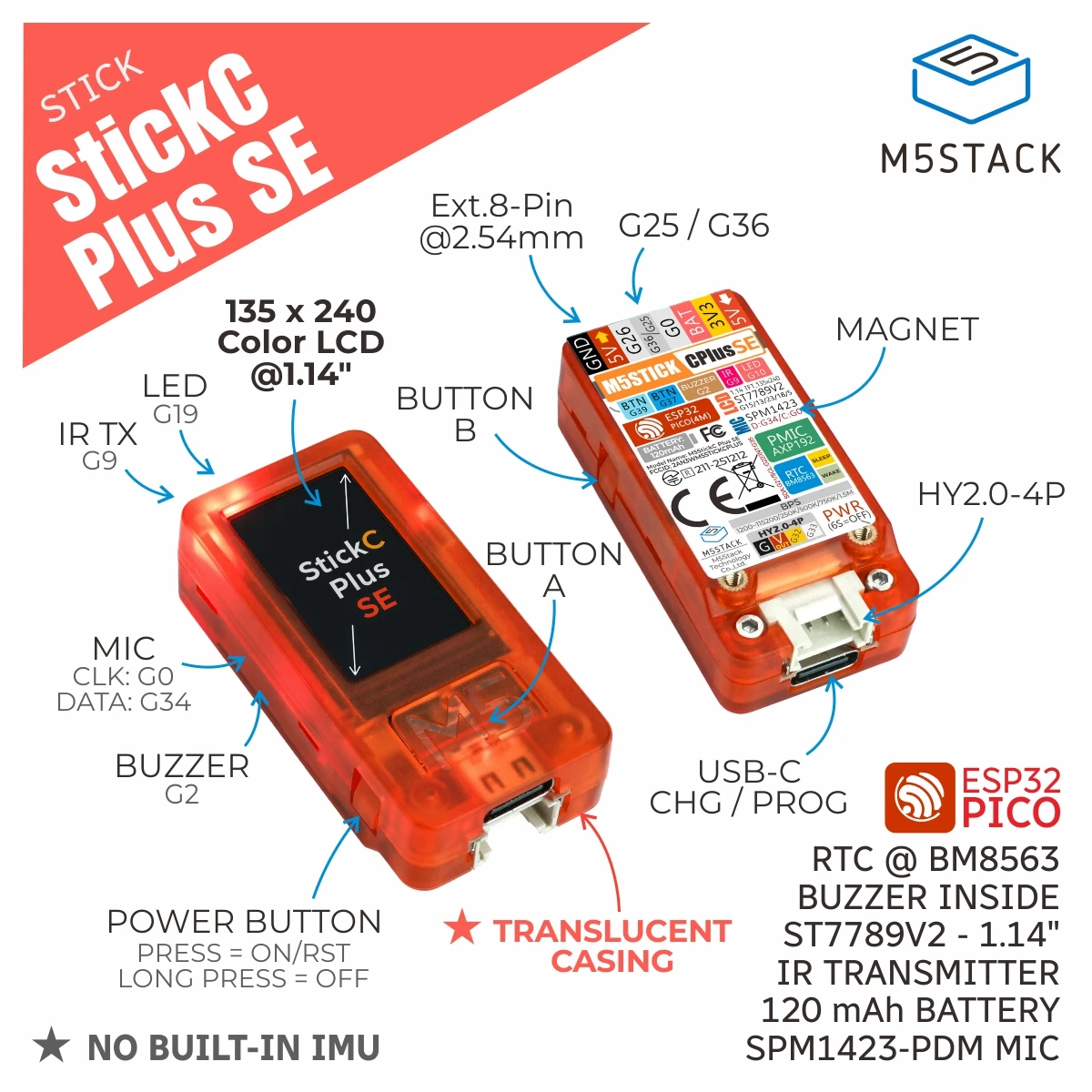 M5Stack Official M5StickC PLus SE Mini loT Development Kit (ESP32-PICO) 1.14 Inch LCD WiFi RTC IR Microphone 120mAh Battery