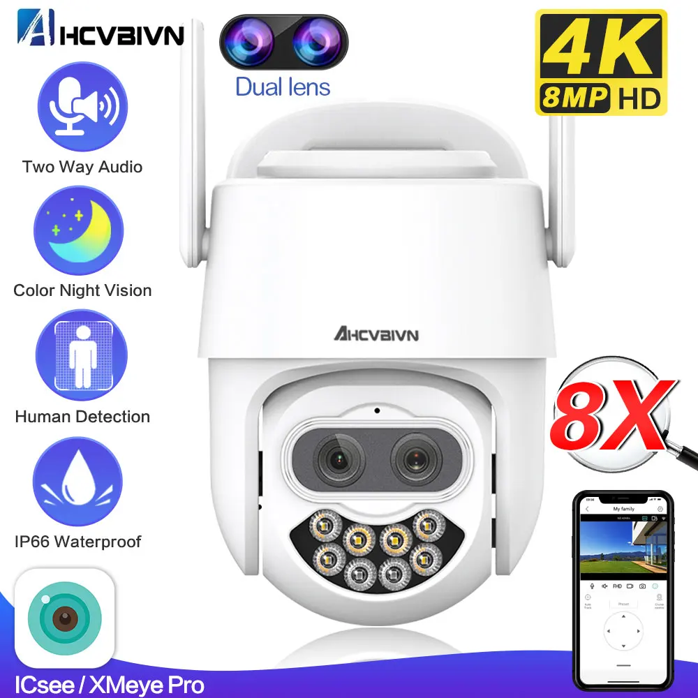 Dual Lens 4K 8MP PTZ WIFI IP Security Camera 8X Zoom Outdoor Auto Tracking Wireless CCTV Video Surveillance Cameras 2 Way Audio