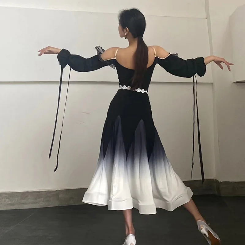 Standard-Ballsaal-Tanzkleid, schwarz, schulterfrei, Walzerkleid, Damen, Tango, modernes Tanzkostüm, Ballsaal-Übungstanzkleidung 2693