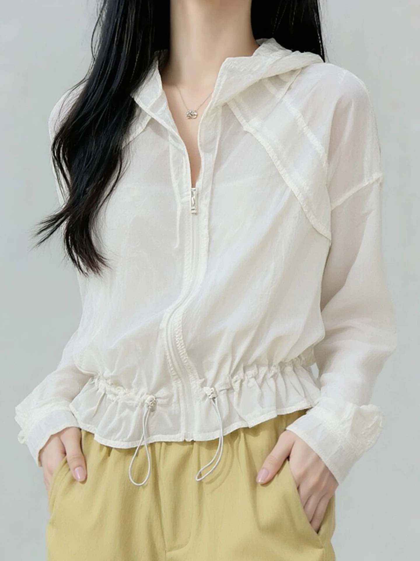 

Весенняя модная женская рубашка с капюшоном и молнией, с длинными рукавами, универсальная, свободного кроя, удобная, в корейском стиле, для офиса