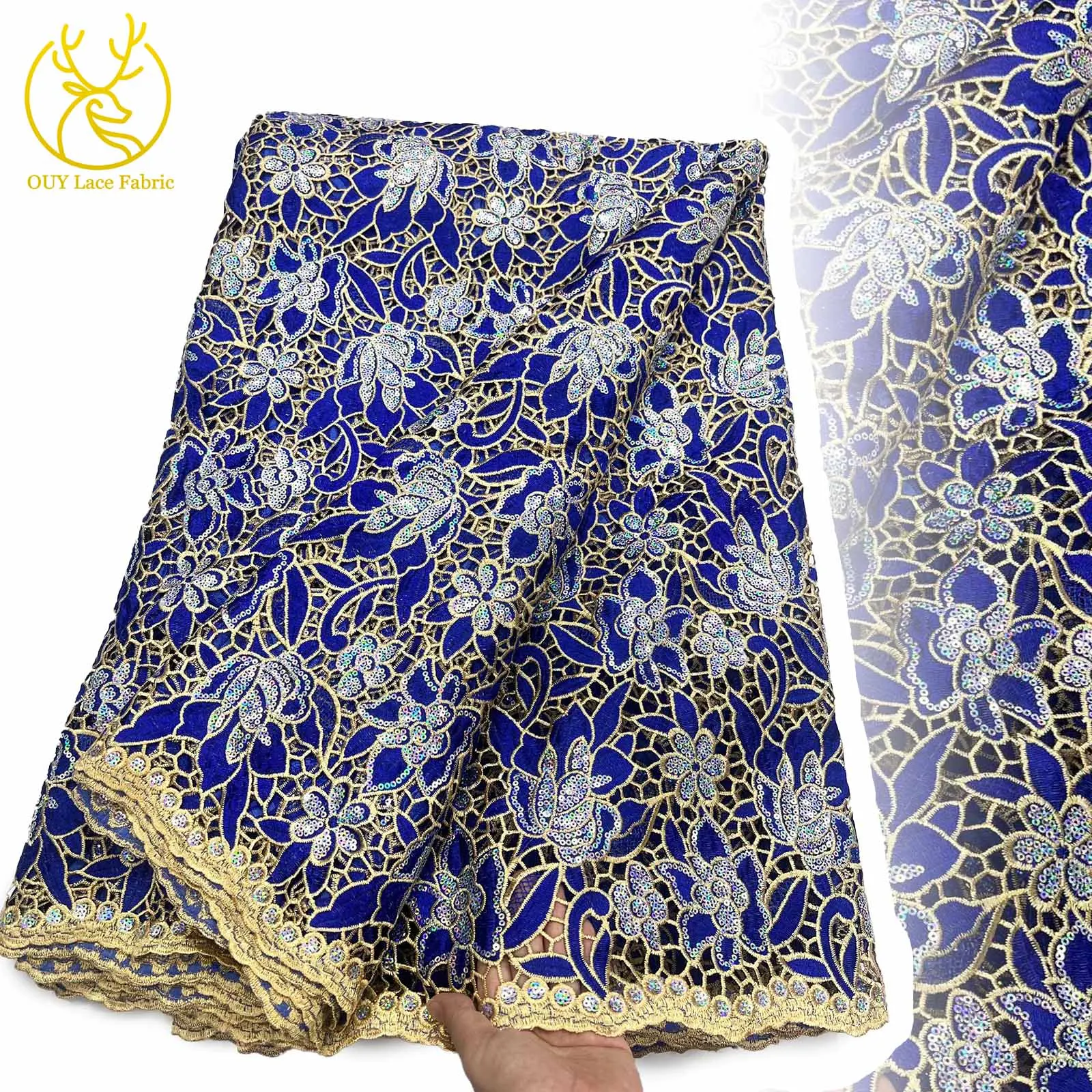 

African Nigerian 2025 High Quality Embroidery Lace Fabric Tulle Wedding Party Dress Guipure Water Soluble Sequins 5 Yards