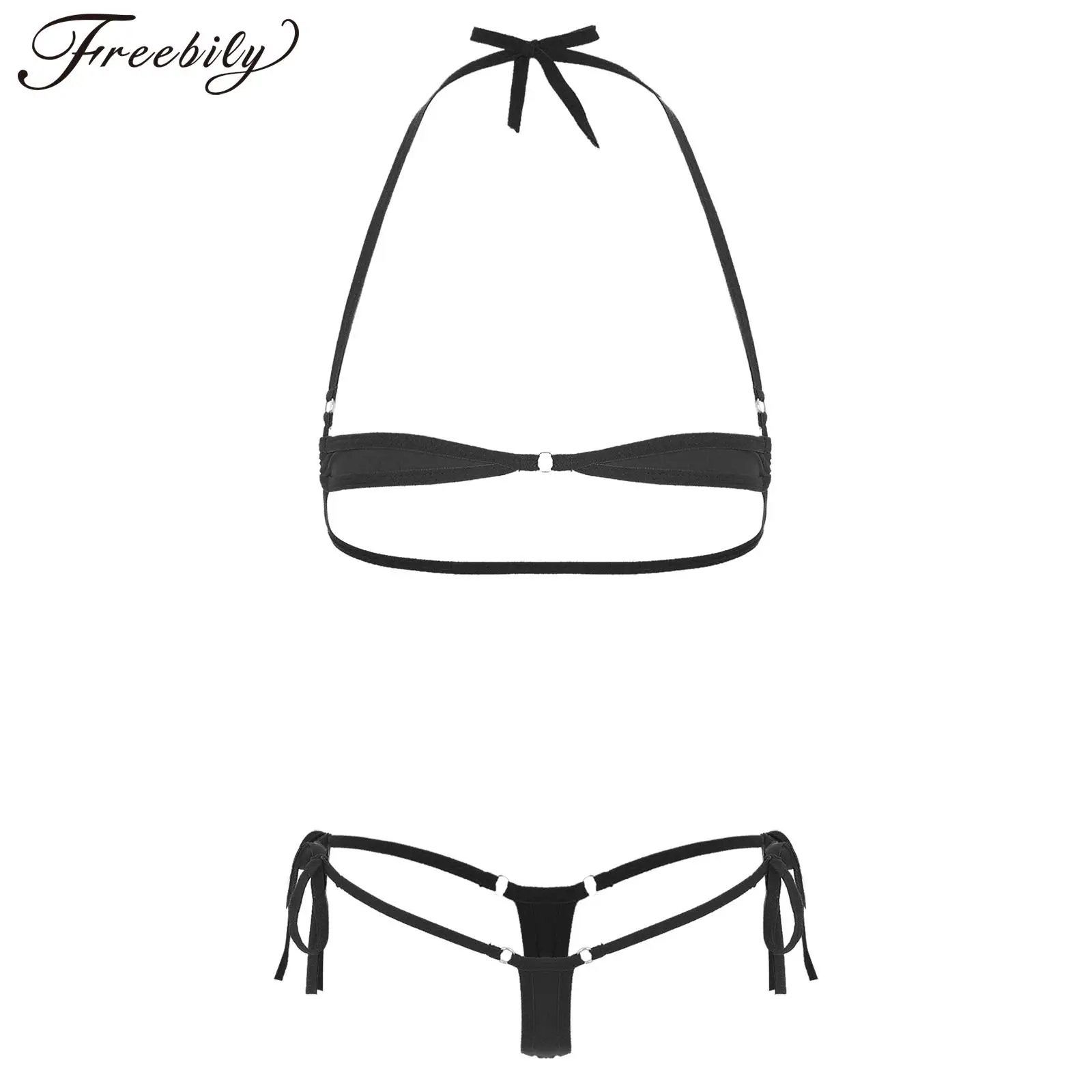 Women 2Pcs Lace-up Halter Neck Bra Tops Thong Micro Bikini Set Sexy Swimwear Beachwear Swimsuit Extreme Lingerie Bathing Suits