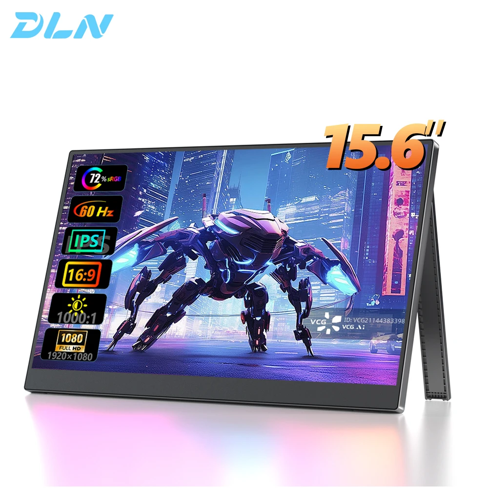 DLN 15.6 inch Portable Monitor 1080p 60Hz 72% sRGB Laptop Screen Extender Single Support Rod Type Monitor for Wins & Gaming