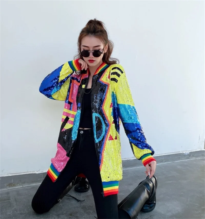 Runway Autumn Geometry Long Sleeve Sequin Round Neck Loose Patchwork Color Straight Fashion Streetwear Women's Jackets