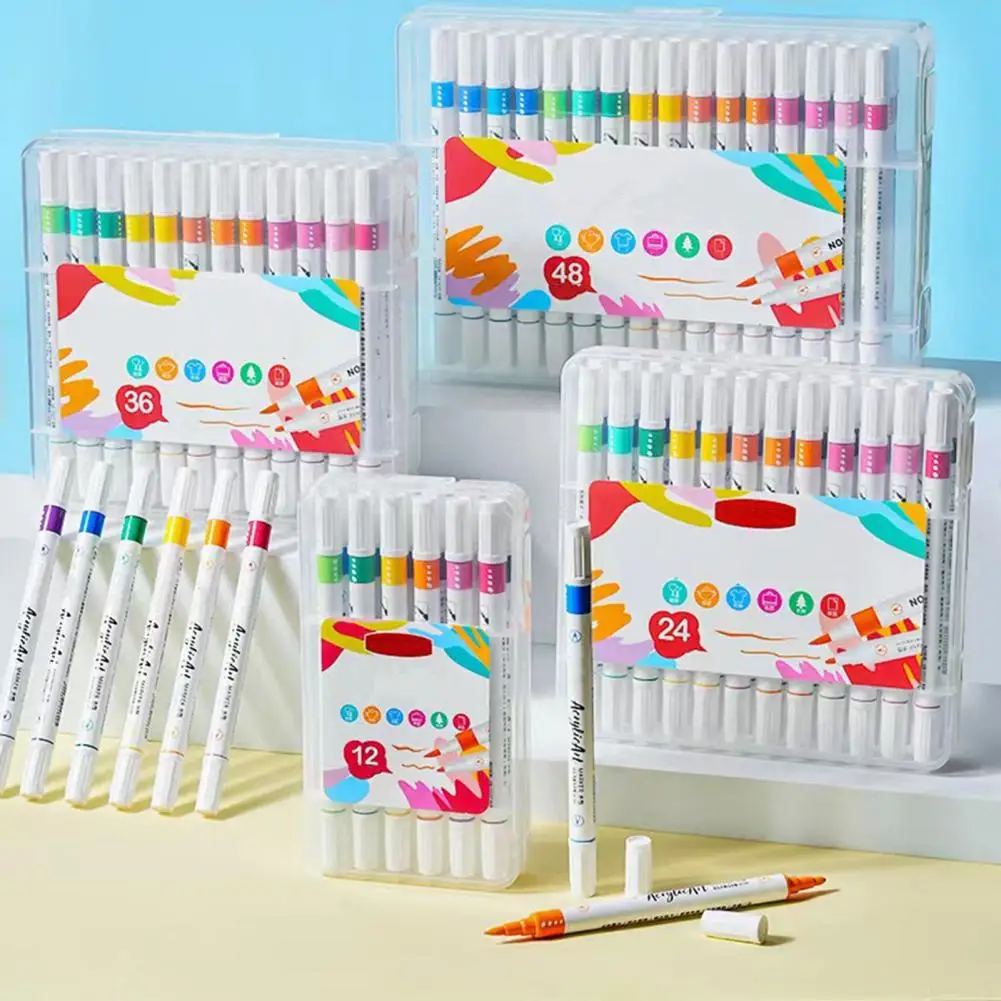 1 Set Acrylic Paint Marker Pen Outline Pen Double-Head Water-based DIY Kids Hand-painted Drawing Marking Pen Kit Stationery Supp