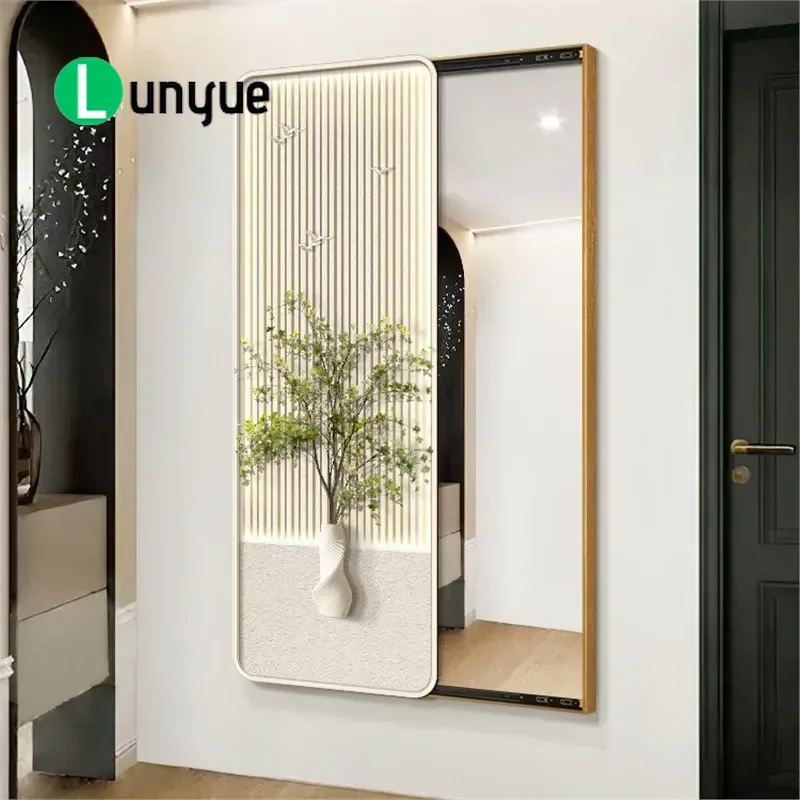 Nordic Cream Full Body Mirror Hidden Push Pull Fitting Wall Painting with Green Plant Decor for Bedroom Background Wall Art