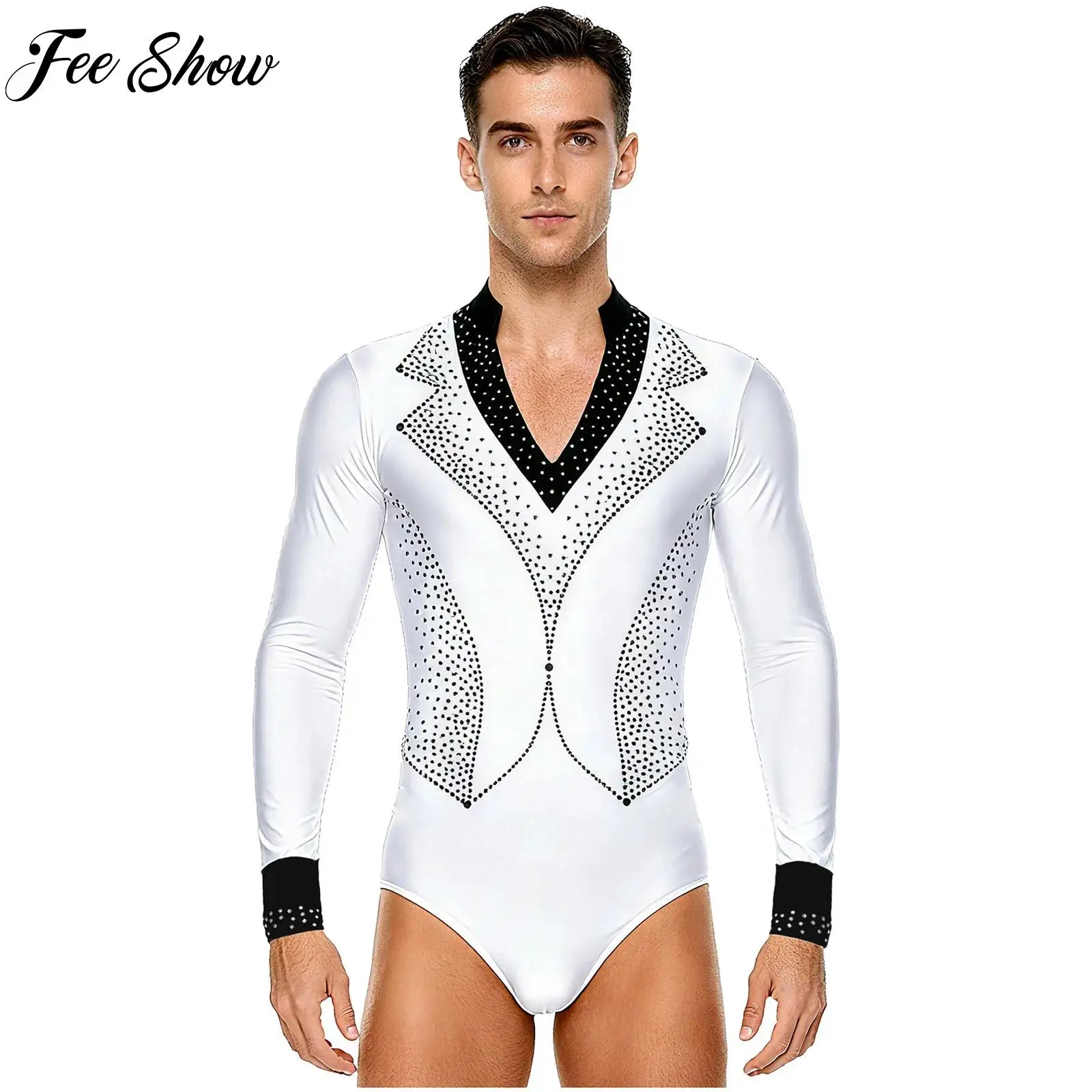 Mens Gymnastics Figure Skating Ballet Latin Dance Leotard Long Sleeve Rhinestones Bodysuit Jumpsuit for Tango Rumba Chacha Dance