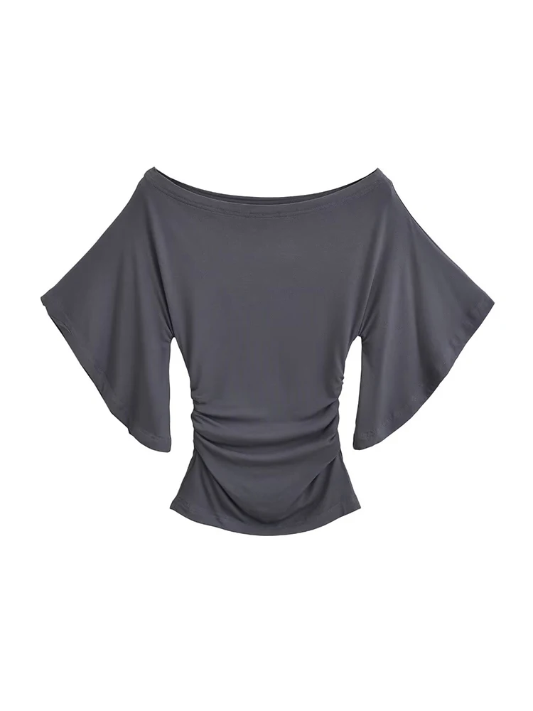 Summer Korean Style Women's Slim Fit Top with Sexy Bat Sleeves Off-Shoulder T-Shirt Slanted Collar Solid Color Waistband