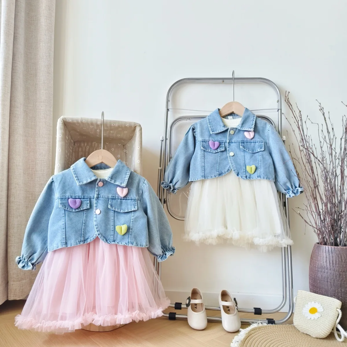 

Spring Autumn Girls' Skirt Set: kids Toddler Mesh Butterfly Bow Dress + Denim Lapel Jacket coat ,children clothing 2pcs