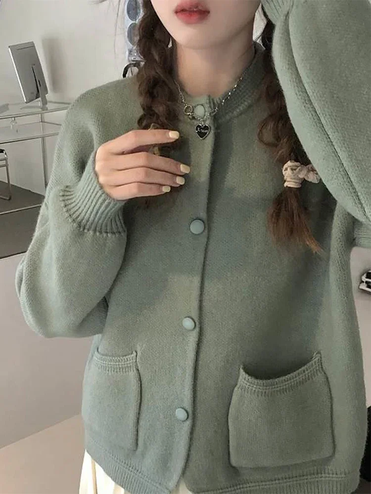 Single Breasted Pockets Women Sweater Solid Straight Female Jacket 2024 Fashion Casual Spring O Neck Lady Knitted Cardigan