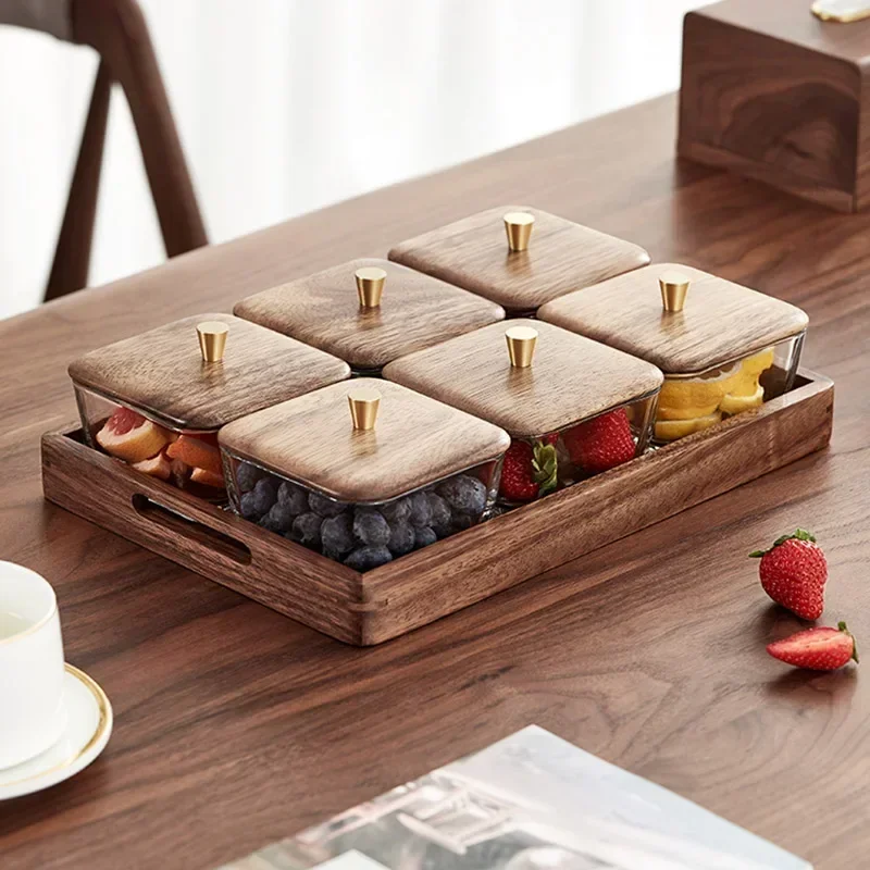 Elegant Dining Organizer – Walnut Wood Lid Glass Trays, Afternoon Tea Fruit Storage,  Serving Platters,  Kitchen Accessories.