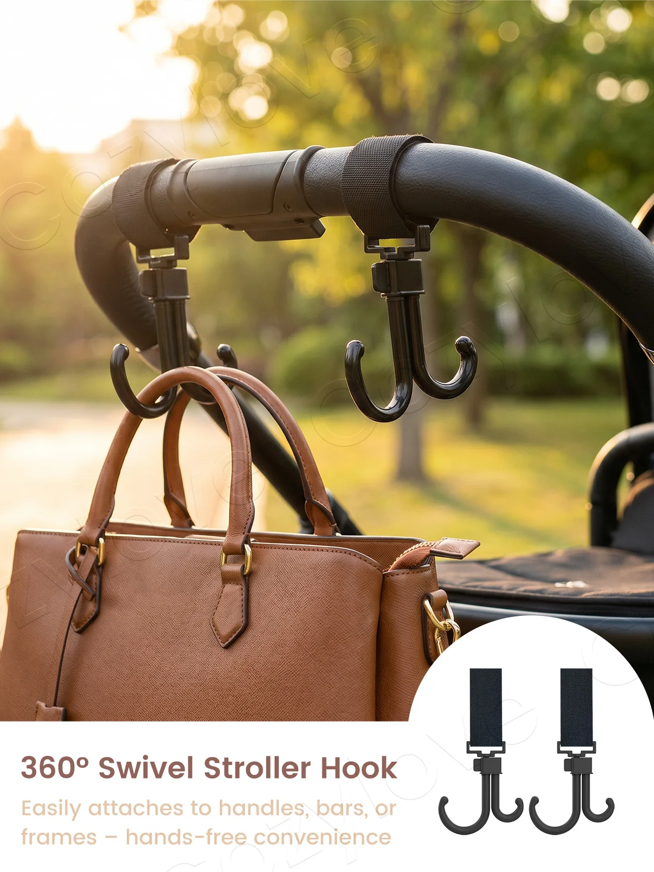 2 Pack 360° Swivel Stroller Hooks,Double J-Shaped Universal Stroller Accessory Hanger with Adjustable Nylon Strap for Diaper Bag