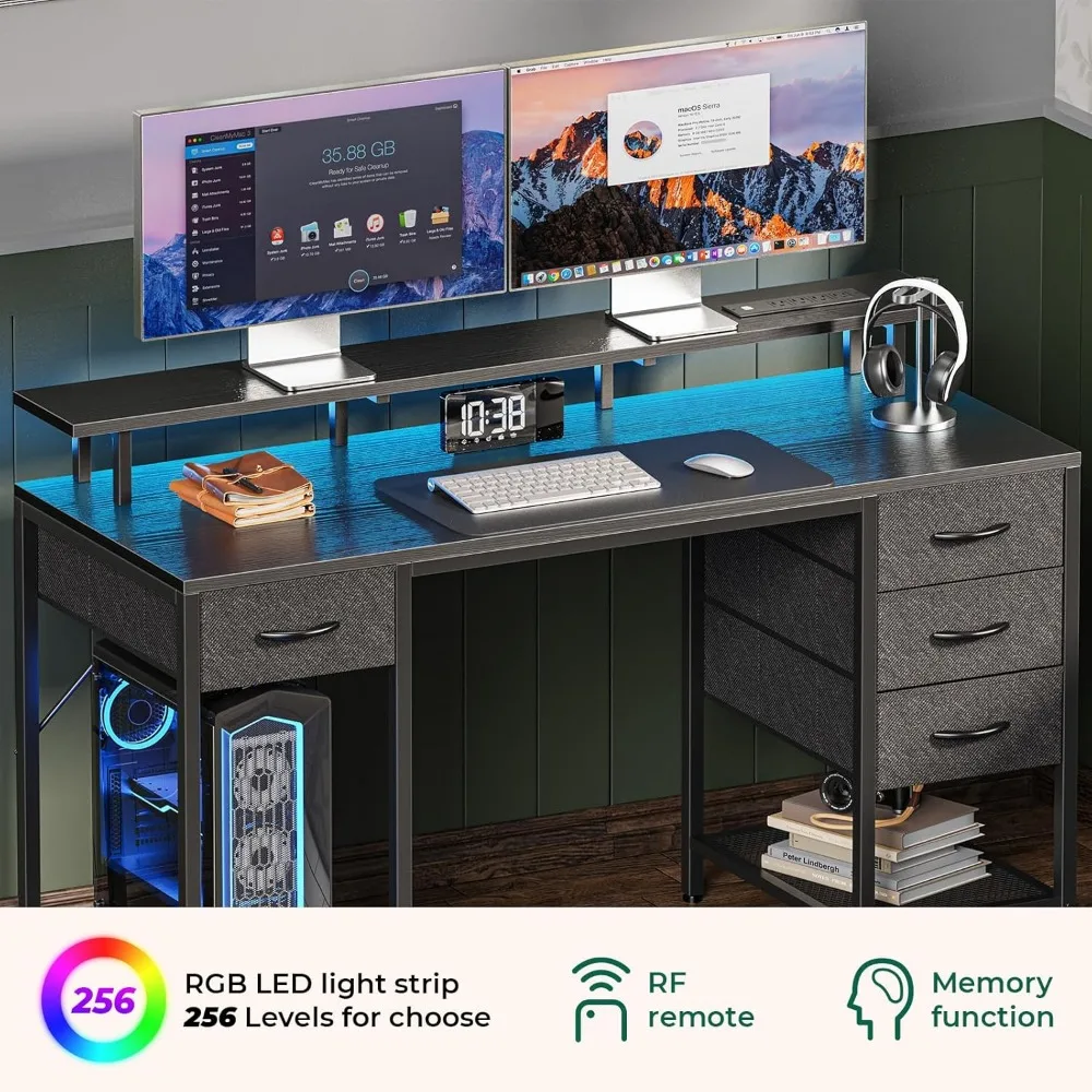 Bureau d'ordinateur de jeu avec lumières LED et prises de courant, bureau de bureau à domicile avec grand espace de rangement, 4 égouts de proximité, 47 pouces